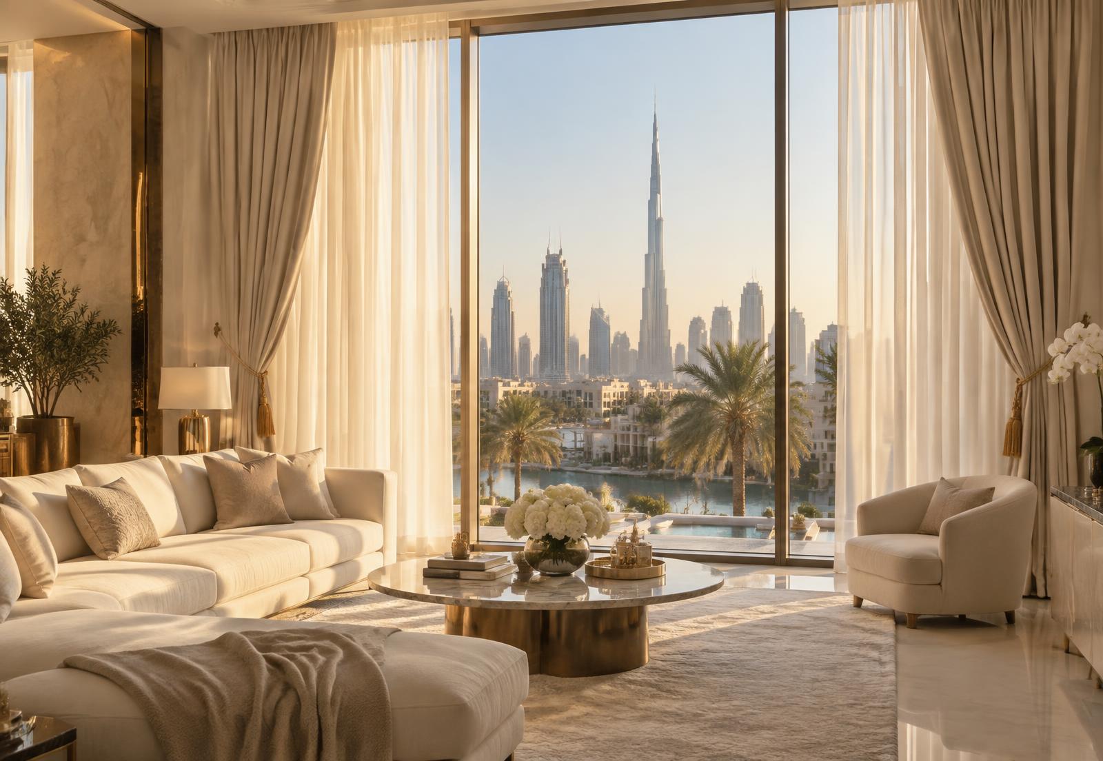 Ivory curtains framing a Dubai skyline view