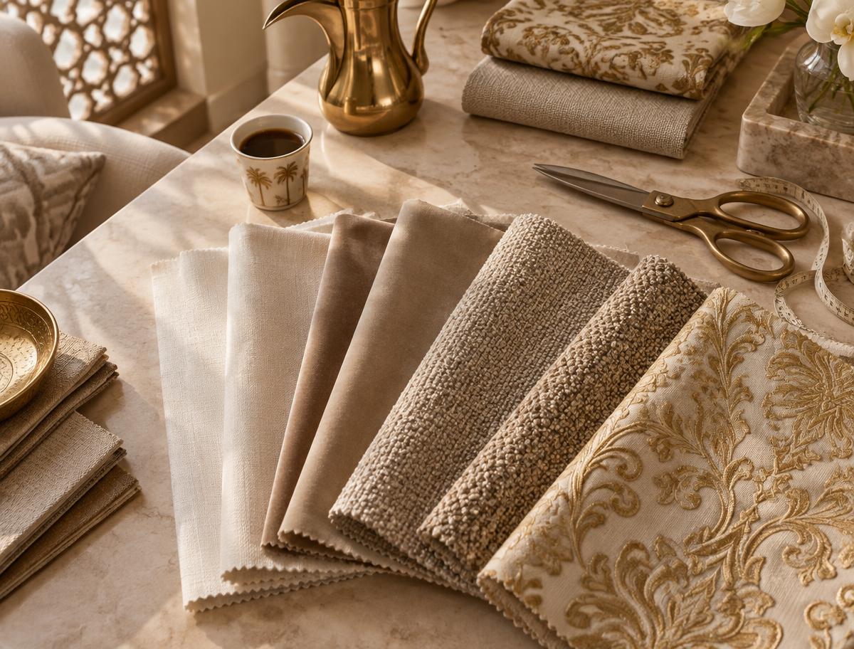 Fabric swatches in warm neutral tones